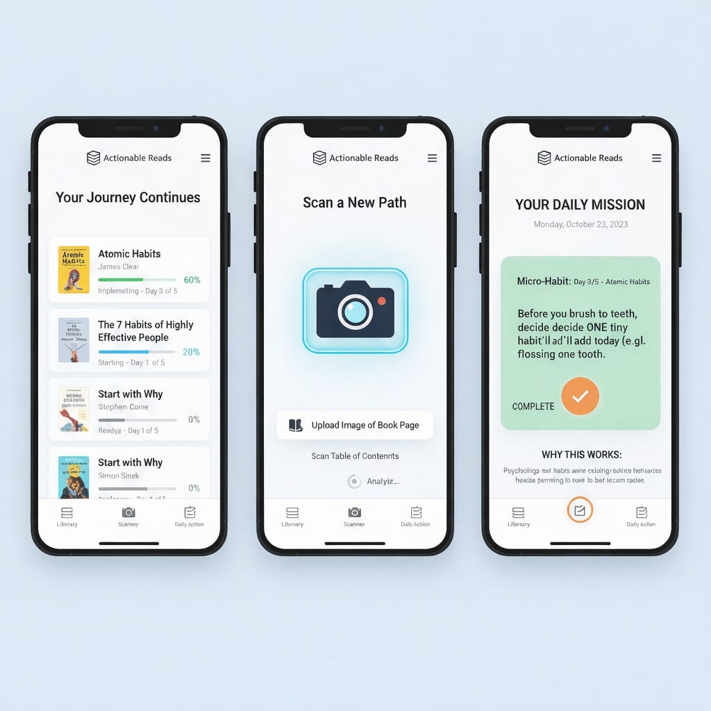 ActionPage mobile app showing daily action plans